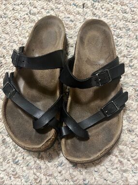 Birkenstock Black Leather Two-Strap Slide Sandals